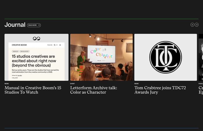 Manual Journal section: dark row of news cards for Creative Boom, Letterform Archive, and TDC