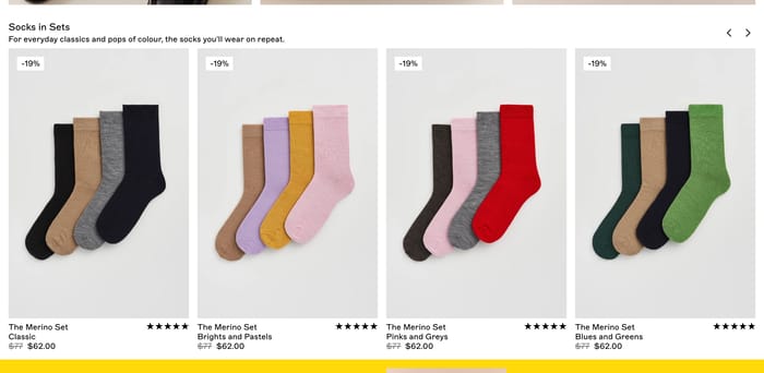 Pairs Socks sets grid with four merino sock bundles, discount badges, ratings and sale prices