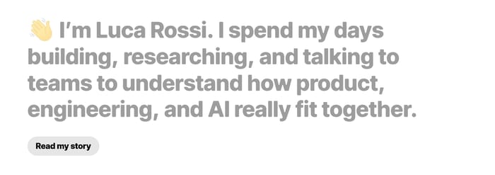 Refactoring author intro: waving emoji, large gray Luca Rossi bio, and Read my story button