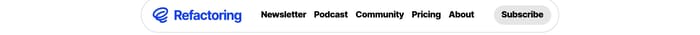 Refactoring header: rounded white bar with blue logo, five nav links, and a gray Subscribe button