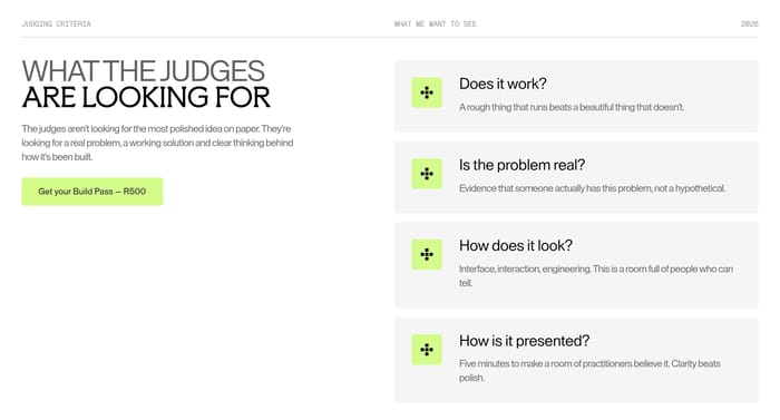 Builders Table judging criteria: two-column layout with headline, lime Build Pass button, and four stacked cards.