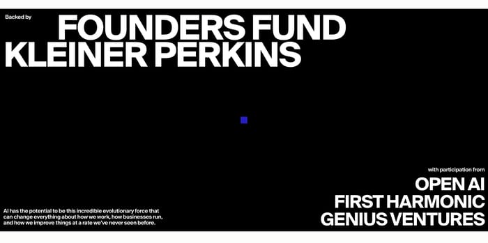 Poetic investor showcase: black panel with huge Founders Fund and Kleiner Perkins type plus other backers.