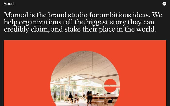 Manual website hero with large serif manifesto on black and a circular interior photo on an orange panel.