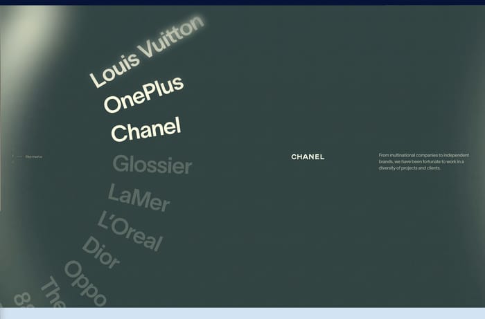 Fromanother client list section with oversized diagonal brand names on dark green and Chanel supporting copy
