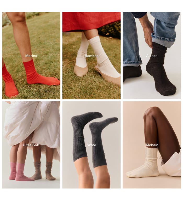 Pairs Socks fibre category grid with six lifestyle photos labeled Merino, Bamboo, Alpaca, Ultra Soft, Wool, and Mohair.