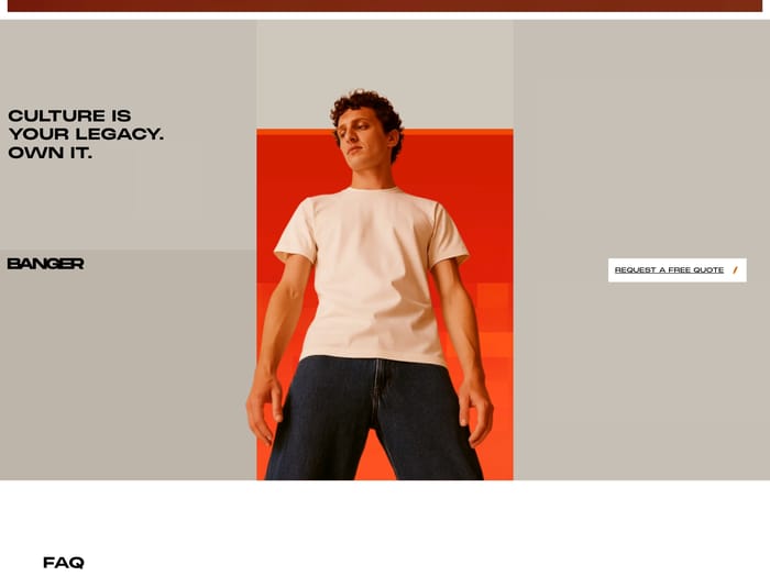 Banger manifesto section with all-caps legacy headline, model in white tee on orange, and quote button