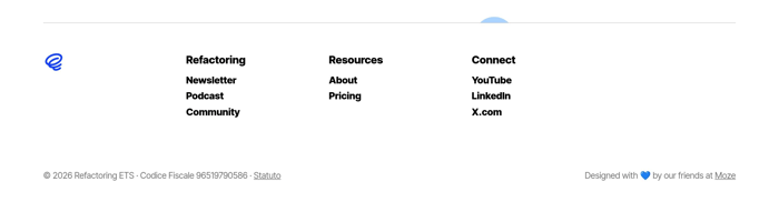 Refactoring footer with blue mark, three link columns, legal line, and Moze credit