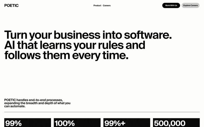Poetic hero with nav, large headline about turning business into software, supporting copy, and four black metric bars.