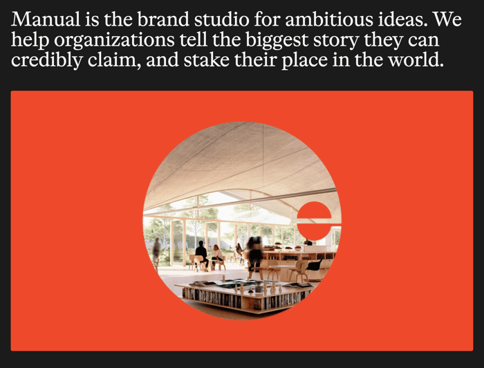 Manual hero: large serif value-proposition headline above an orange field with a circular interior photo.