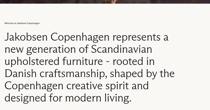 Jakobsen Copenhagen brand introduction: welcome line and large serif manifesto on a pale background.