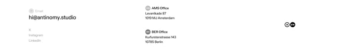 Antinomy Studio footer with email, social links, Amsterdam and Berlin addresses, and A and 27b circular logos.