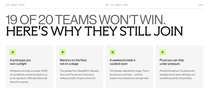 Builders Table join-reasons section: oversized two-line headline above four pale cards with lime icons
