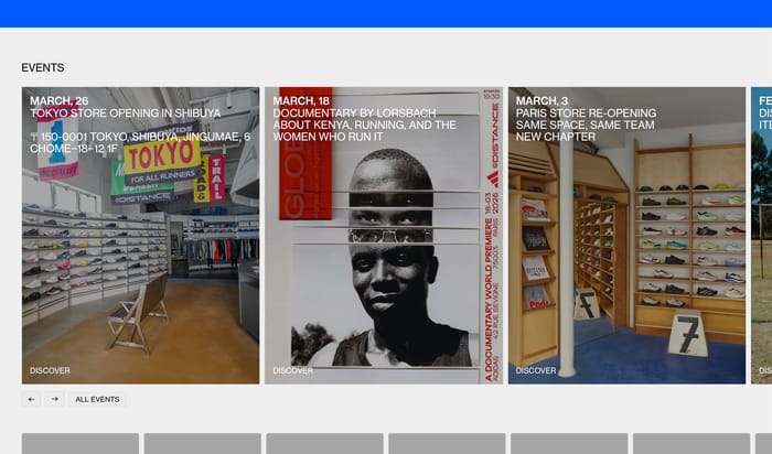 Distance Events section with photo cards for Tokyo opening, Kenya documentary, and Paris reopening