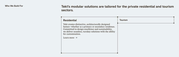 Tekt Who We Build For section with residential copy panel and compact Tourism heading