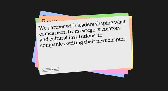 Manual methodology section: stacked pastel cards on black with a serif partnership statement and Explore how we work button.