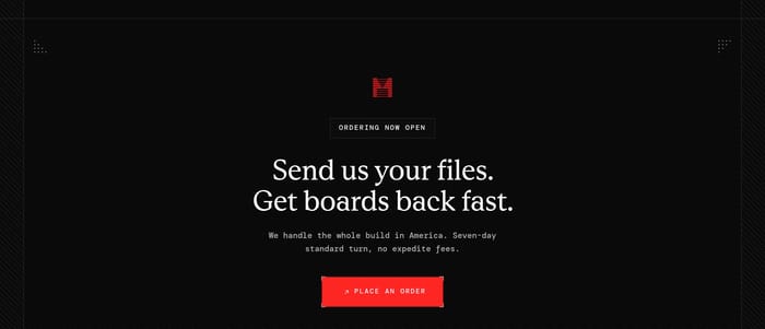 ProvenMetal dark centered CTA with red logo, Ordering Now Open badge, serif files-and-boards headline, and red Place an Order button