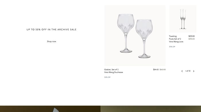 Wedgwood featured product carousel with Archive Sale headline, Vera Wang goblets, and a smaller flute set