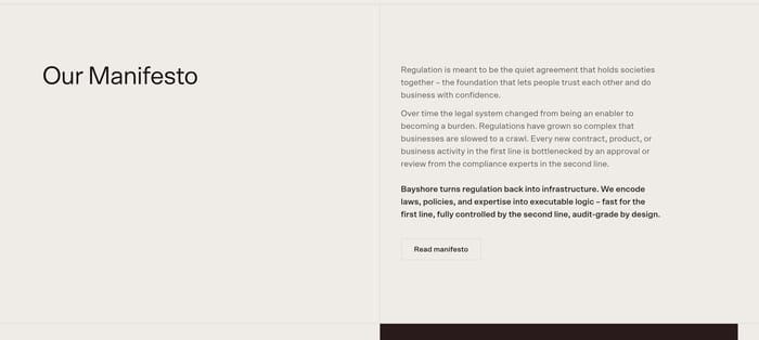 Bayshore manifesto section with Our Manifesto title left and three paragraphs plus Read manifesto button right.