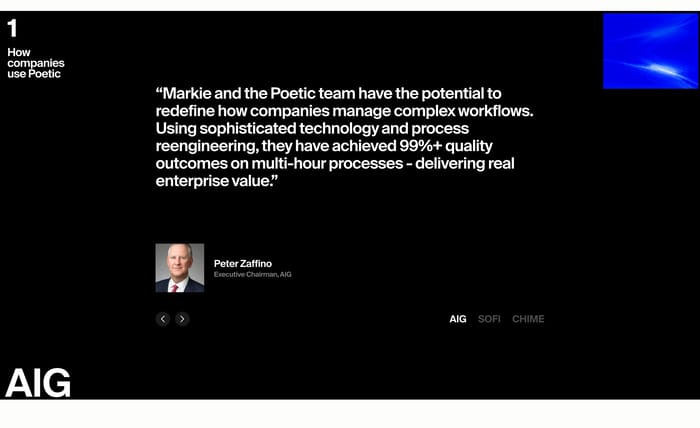 Poetic testimonial section with Peter Zaffino quote, AIG headshot, and AIG, SoFi, Chime logos on black.