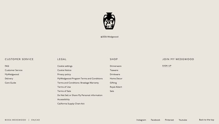 Wedgwood footer with centered vase logo, four link columns, copyright, and social links on cream.