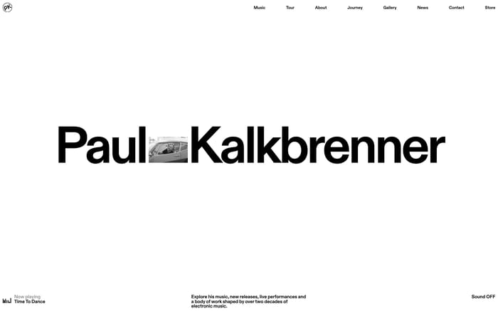 Paul Kalkbrenner hero: white page, top nav, huge name with inset car photo, now-playing bar.