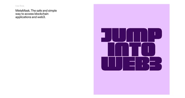 Antinomy Studio MetaMask case study: left-side copy beside a lavender square reading JUMP INTO WEB3.