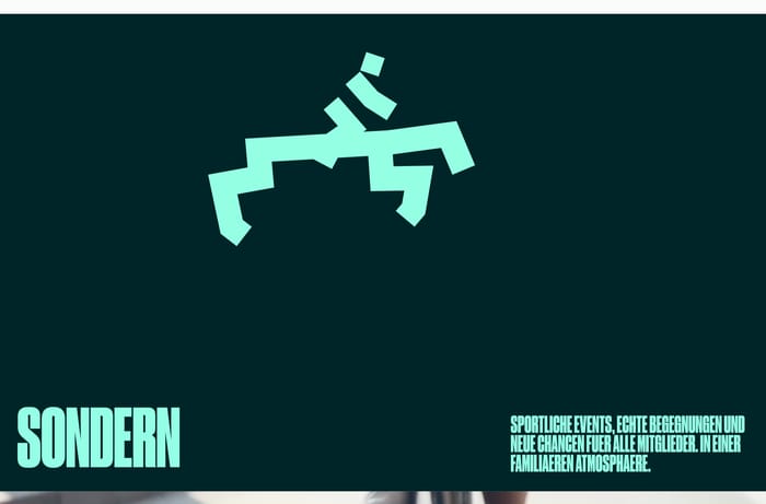 Champions for Good Club value section: dark teal field, mint geometric figure, oversized SONDERN left, all-caps community copy right.