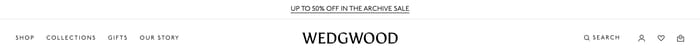 Wedgwood header with centered Archive Sale announcement, nav links, logo, and utility icons