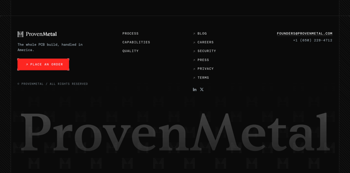 ProvenMetal footer with logo, red Place an Order button, link columns, contact, and oversized serif wordmark on dark ground
