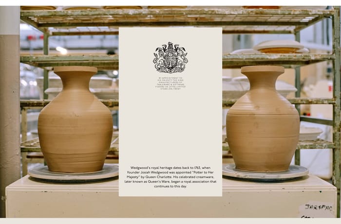 Wedgwood heritage section with workshop photo, two clay vases, and a royal warrant card on Josiah Wedgwood.