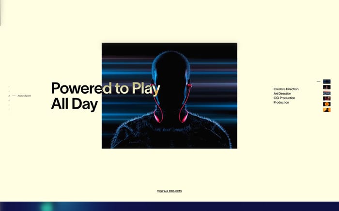 Fromanother featured work section with Powered to Play All Day overlapping a dark headphone portrait