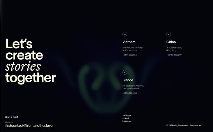 Fromanother footer with oversized Let’s create stories together headline, three office addresses, email, and social links on dark background
