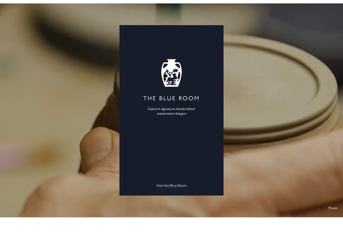 Wedgwood brand feature: navy Blue Room card with Jasperware vase icon over a pottery-making photo