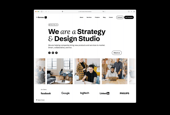 The Bureau — Minimalistic Agency Template - The Bureau is a minimalistic template for agencies, studios and it’s also perfect for freelance designers. The template style contains only white and black colors which looks very minimalistic and sharp. This template is made with using all the newest Framer features and free-to-use elements like Google Fonts and Material Icons.