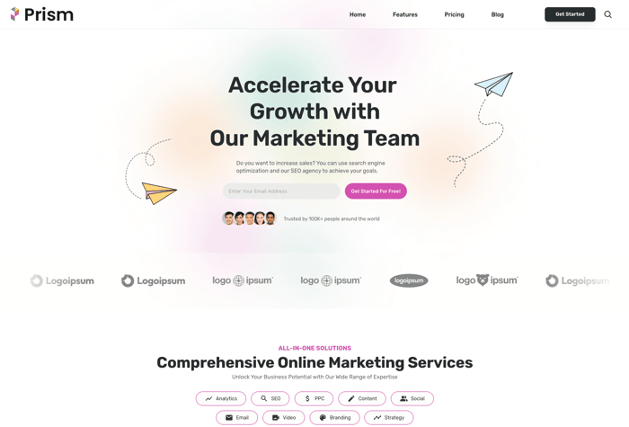 Prism —  Startup Template - Prism is a comprehensive and fully-functional website template, designed for marketing agencies and startups. It features a homepage with multiple CTAs, a pricing page with testimonials, a full blog, and a new search function from Framer.