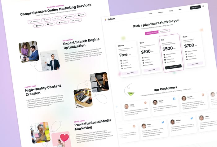 Prism —  Startup Template - Prism is a comprehensive and fully-functional website template, designed for marketing agencies and startups. It features a homepage with multiple CTAs, a pricing page with testimonials, a full blog, and a new search function from Framer.