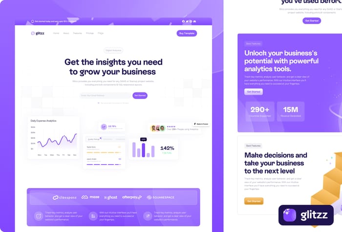Glitzz — SaaS Template - Glitzz is a clean and professional Framer template with smooth interactions that will help you stand out from the rest. Designed for SaaS businesses, Startups, and Designers. Customize it to match your brand and publish to the web ultra fast!