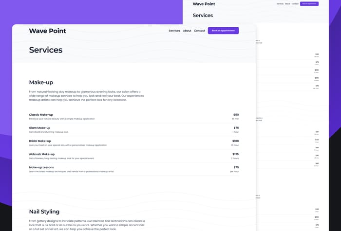 Wave Point — Local Business Template - Modern, minimalist, and light template for local business. Fully responsive with subtle animations. It's designed for beauty salons but can be easily customized for other types of businesses.