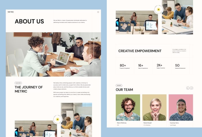 Metric — A Creative Digital Agency Framer Template - Metric is a cutting-edge Framer template perfect for creative agencies, design studios, portfolio showcases, personal portfolios, web design/development agencies, and start-up businesses. This template is specifically designed for those looking to establish a professional and modern web presence for their design or software business.