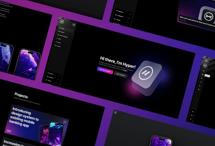 Hyper — Portfolio Template - Designers portfolio with a bunch of eye-catching effects. Excellent for those who want to learn how to create animated interactions with Framer or build their portfolio with no-code.