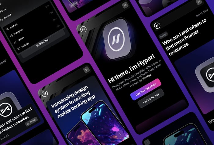 Hyper — Portfolio Template - Designers portfolio with a bunch of eye-catching effects. Excellent for those who want to learn how to create animated interactions with Framer or build their portfolio with no-code.