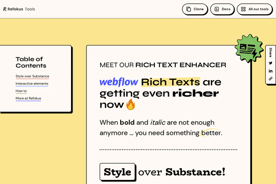 Rich Text Enhancer (by Refokus) - Use Refokus Rich Text Booster to add Classes, IDs, or Custom Attributes to rich text elements in Webflow so you can style text, anchor to it, add animations, add custom functionalities, and more.