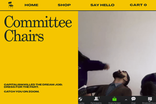 Committee Chairs - An eCommerce website for new clothing brand Committee Chairs: when capitalism kills the dream job, dress for the part. Designed and built in 4 days.