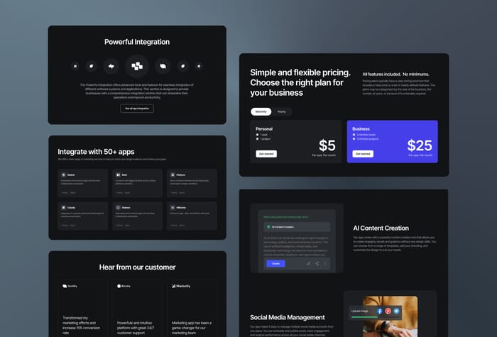 Squareex — Minimal SaaS Template - This minimal SaaS dark theme template includes 4 pages: Home page, Features page, Pricing page, and FAQ. There are some special features: No coding skill required, fully responsive, text and color styler, scroll effects, and easy to customize.