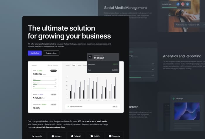 Squareex — Minimal SaaS Template - This minimal SaaS dark theme template includes 4 pages: Home page, Features page, Pricing page, and FAQ. There are some special features: No coding skill required, fully responsive, text and color styler, scroll effects, and easy to customize.