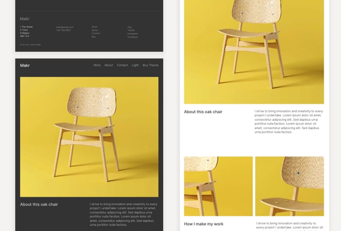 Makr — Portfolio Template - A simple and minimalist portfolio Framer website template for makers and artists. Create your own unique portfolio online with this flexible template. Available in Light and Dark versions.