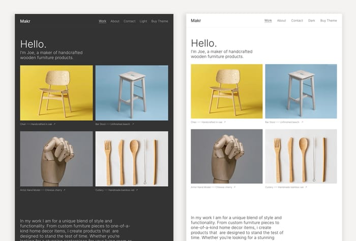 Makr — Portfolio Template - A simple and minimalist portfolio Framer website template for makers and artists. Create your own unique portfolio online with this flexible template. Available in Light and Dark versions.