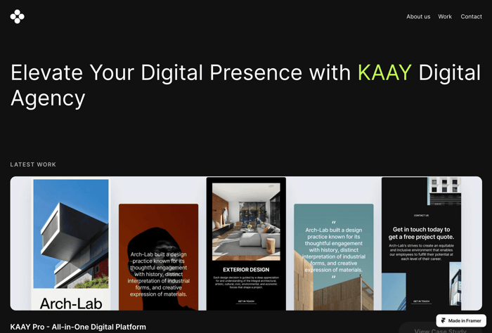Kaay — Agency Website - Introducing KAAY Agency - Framer Template, the perfect solution for digital agencies looking to elevate their online presence. Say goodbye to the hassle of starting from scratch and hello to a professional and polished online presence with KAAY. This template is designed to make it easy for you to create a website that truly represents your business.