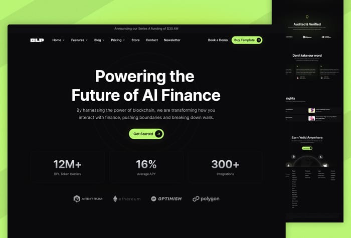 Blockpool — Multi Layout Finance/Web3 Template - Blockpool is 16 multi-layout page web3/finance template filled with interactive components and code overrides.
This template is ideal for SaaS, Finance, Web3, Crypto and Defi companies that want a sophisticated look for their website. This template also features pages like newsletter, a product store with lemonsqueezy integration and custom forms