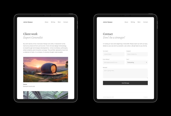 Opaque — Personal Website Template - Designed for the multi-talented creative, Opaque provides ample room for expressing visuals, writing, and projects—with a minimalist vibe. The perfect starting point for a highly functional (and approachable) personal or portfolio website.